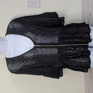 Venus Black Lace Peplum Zip Front Top, 3/4 flared sleeves Size 14